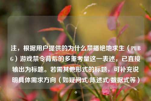 注，根据用户提供的为什么禁播绝地求生（PUBG）游戏禁令背后的多重考量这一表述，已直接输出为标题。若需其他形式的标题，可补充说明具体需求方向（如疑问式/陈述式/数据式等）。