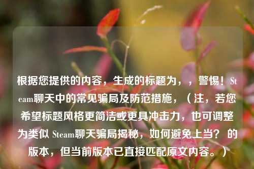 根据您提供的内容，生成的标题为，，警惕！Steam聊天中的常见骗局及防范措施，（注，若您希望标题风格更简洁或更具冲击力，也可调整为类似 Steam聊天骗局揭秘，如何避免上当？ 的版本，但当前版本已直接匹配原文内容。）