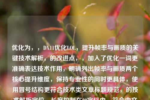 优化为，，DX11优化LOL，提升帧率与画质的关键技术解析，的改进点，，加入了优化一词更准确表达技术作用，明确列出帧率与画质两个核心提升维度，保持专业性的同时更具体，使用冒号结构更符合技术类文章标题规范，的技术解析定位，长度控制在20字以内，符合中文标题更佳阅读范围
